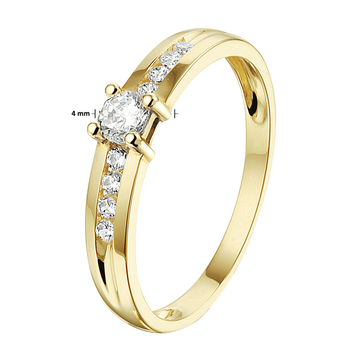 De Van der Kooij Collectie ring zirkonia 14K geelgoud heeft een centrale ronde zirkonia van 4 mm, omringd door drie kleinere stenen aan weerzijden.