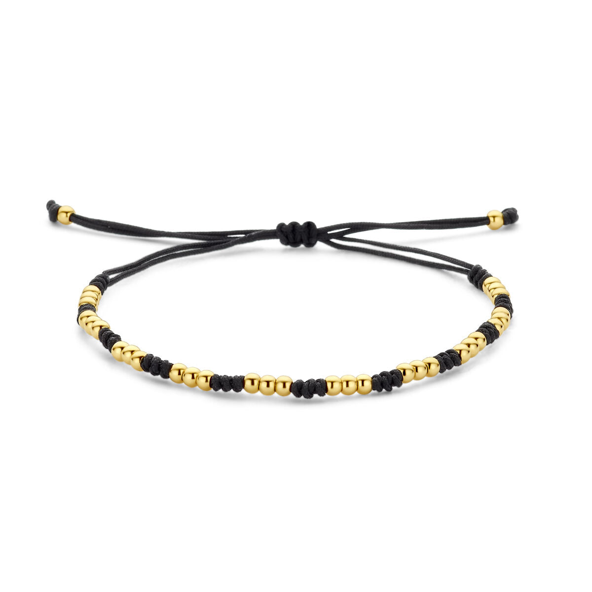 Armband van 14K goud met zwarte rubberen en nylon details, verstelbaar van 13 tot 26 cm.