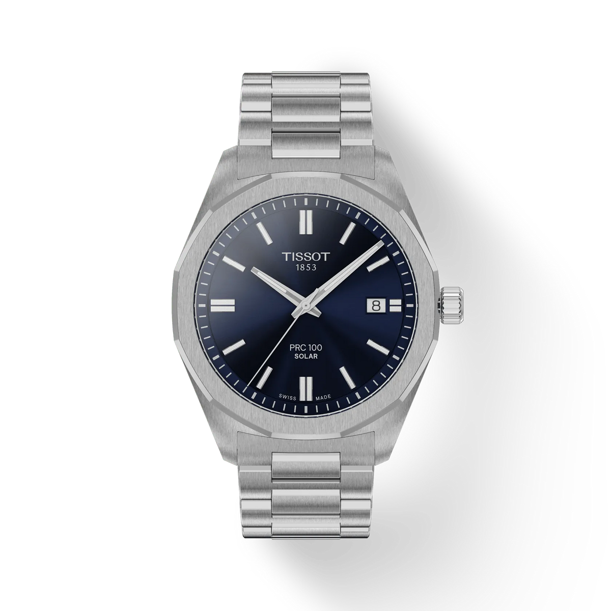 Herenhorloge van staal met een blauwe wijzerplaat, datumweergave en een schakelband.