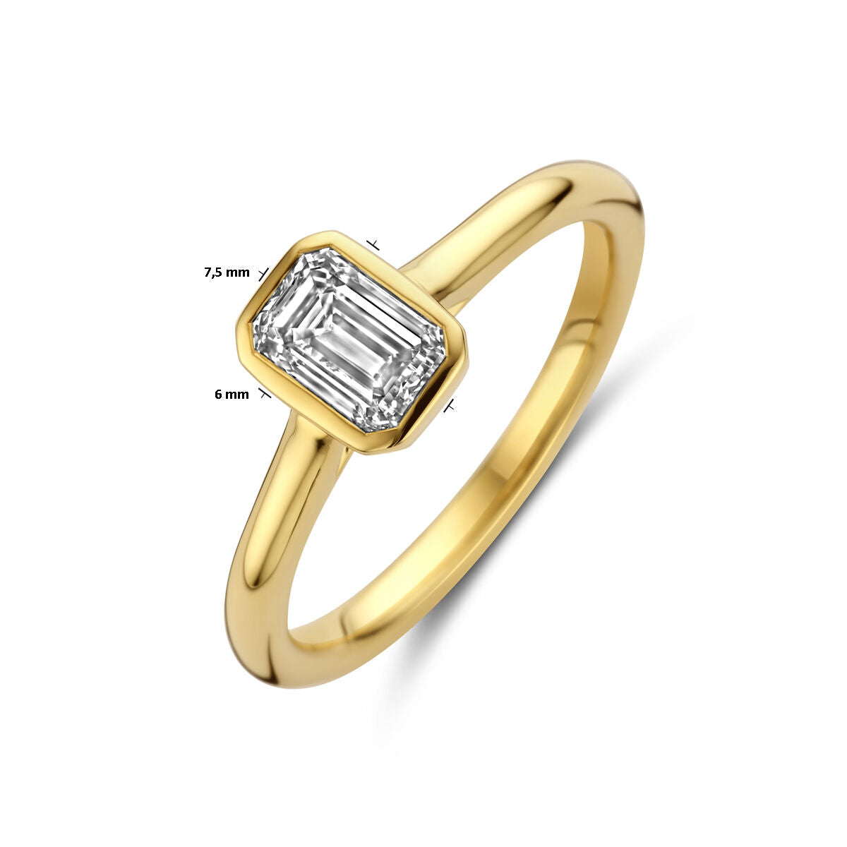 De Van der Kooij Collectie ring lab grown diamant 1.0ct H SI 14K geelgoud heeft een rechthoekige, smaragd geslepen diamant (ca. 7,5x6 mm) in een bezelzetting voor een elegante look.