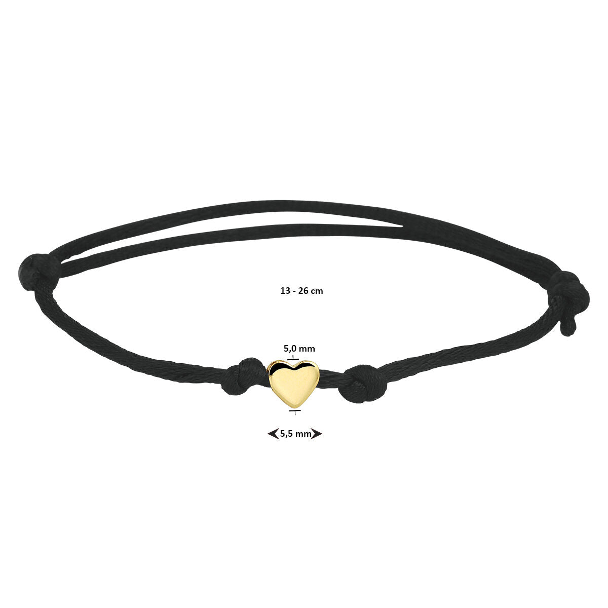 De Van der Kooij Collectie armband satijn hart 14K goud is een verstelbare damesarmband (13-26 cm) van zwart rubber/nylon/leer met een 14K geelgouden hartje (5 x 5,5 mm) in het midden.