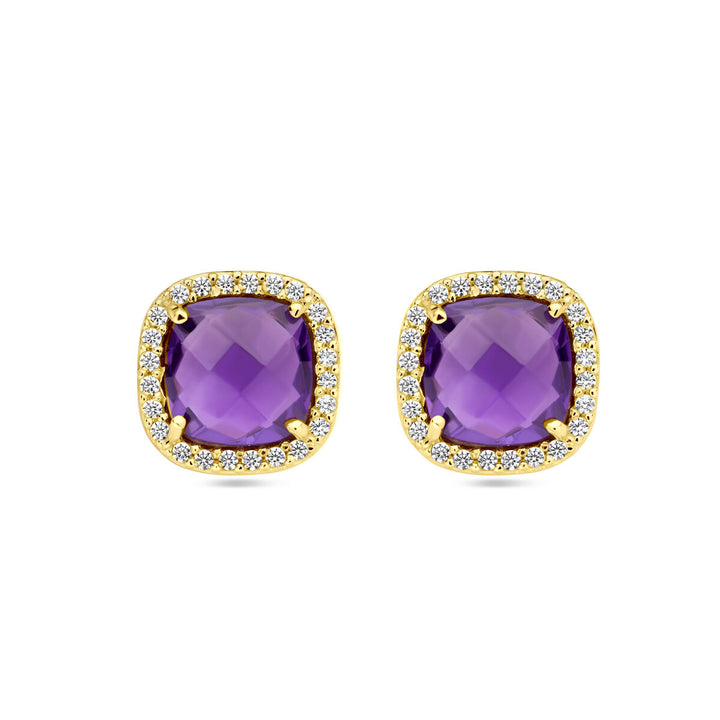 ear studs amethyst and zirconia halo 14K yellow gold