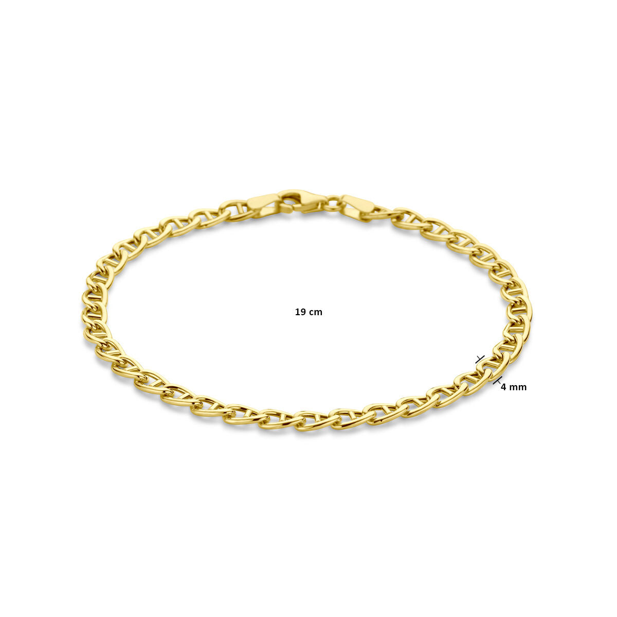 De armband 4,0 mm 19 cm 14K geelgoud uit de Van der Kooij Collectie is een stijlvolle damesarmband met stevige sluiting, effectief getoond op een witte achtergrond.