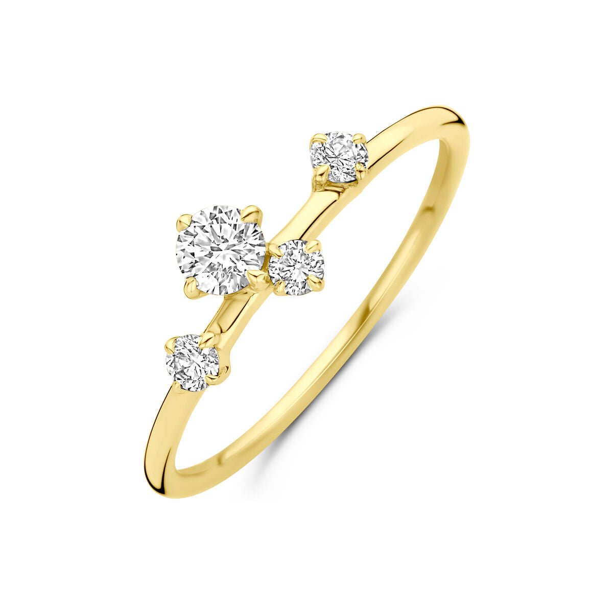 De Van der Kooij Collectie ring lab grown diamant 0,33ct H SI in 14K geelgoud heeft vier ronde lab-grown diamanten van verschillende grootte in een diagonaal cluster op een dunne band, afgebeeld tegen een witte achtergrond.
