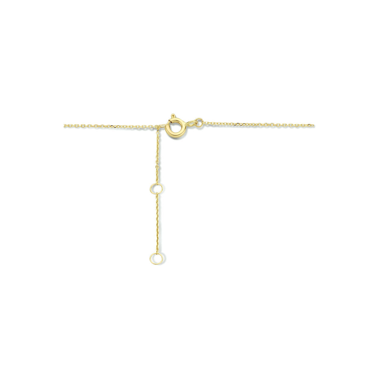 De Gouden dames ketting hartjes 14K van Van der Kooij Collectie heeft een fijne 14K gouden ketting met hartjes accenten, een slotje en drie kleine verstelbare lusjes om de lengte aan te passen, afgebeeld op een effen witte achtergrond.