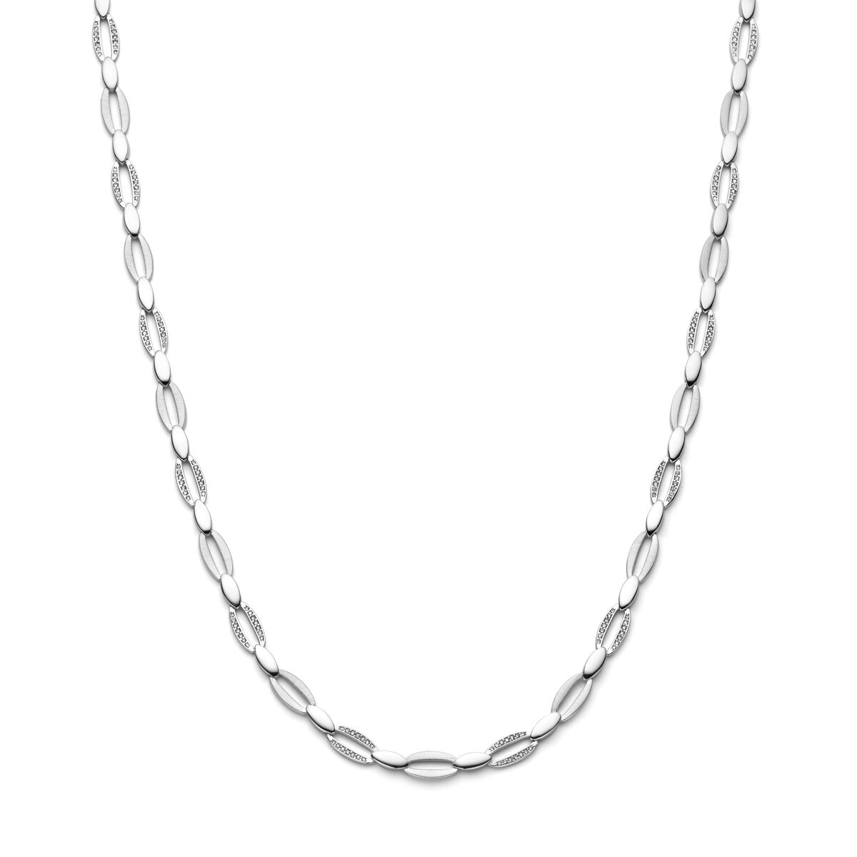 Collier van gerhodineerd zilver met een combinatie van gepolijste en matte schakels, 45 cm lang.