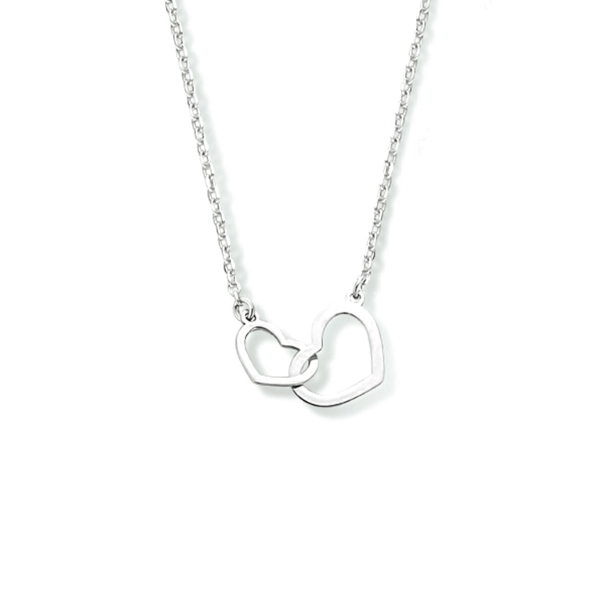 Zilveren gerhodineerd collier met twee overlappende hartjes, verstelbaar van 40 tot 44 cm.