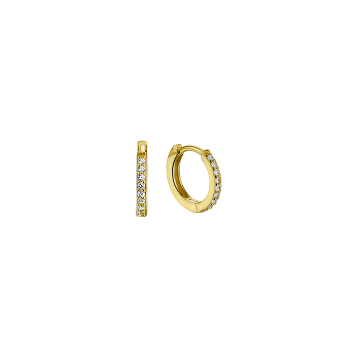 Klapoorringen van 14K geelgoud met een rij van 1,5 mm zirkonia steentjes aan de voorkant.