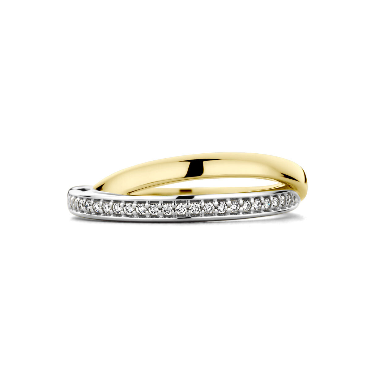 De Van der Kooij Collectie ring diamant 0.08ct h si is een moderne, elegante 14K bicolor goud ring in geel/wit met een geelgouden band die naadloos aansluit op een witgouden band bezet met fonkelende diamanten.