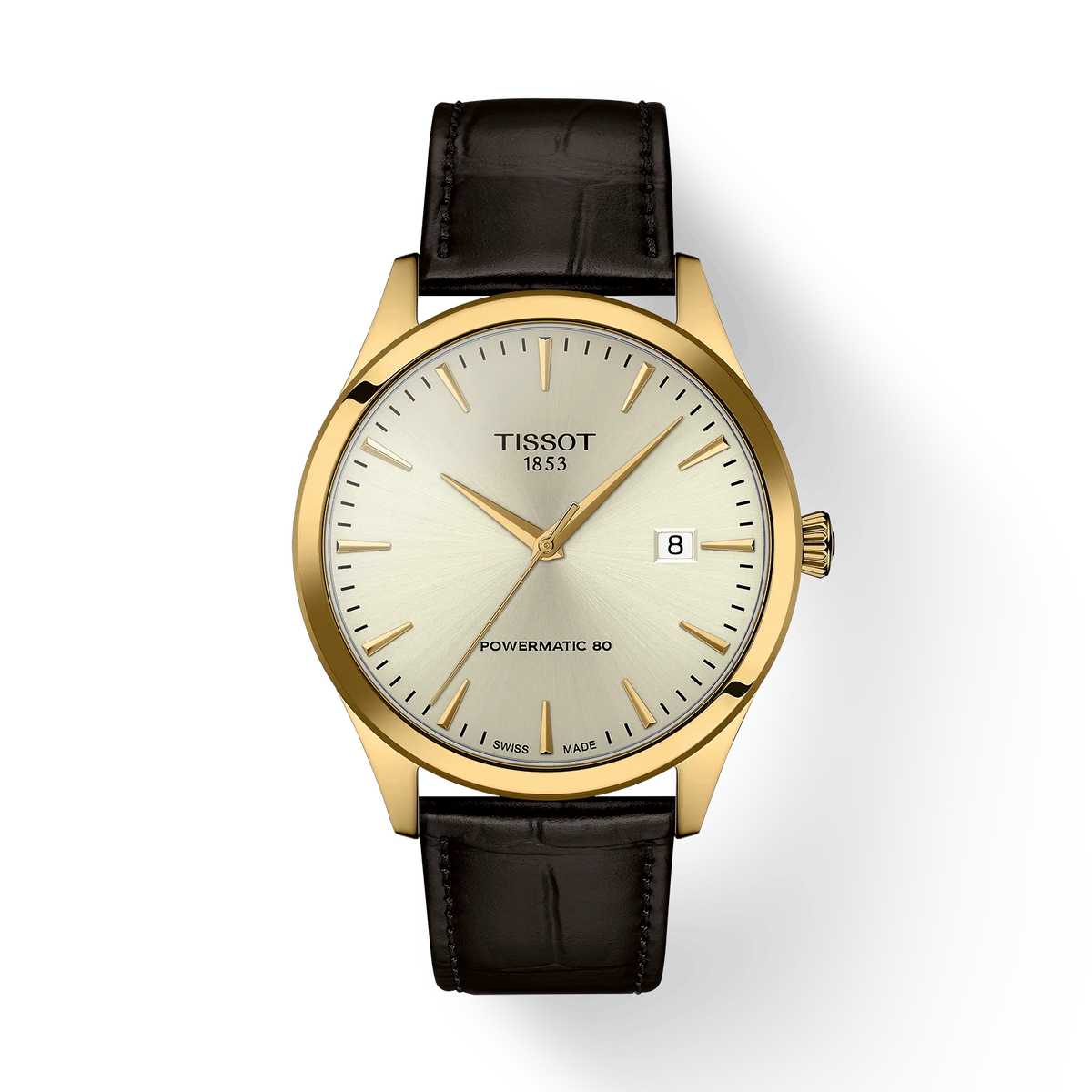Gouden herenhorloge met een zilveren wijzerplaat, zwarte leren band en datumweergave.
