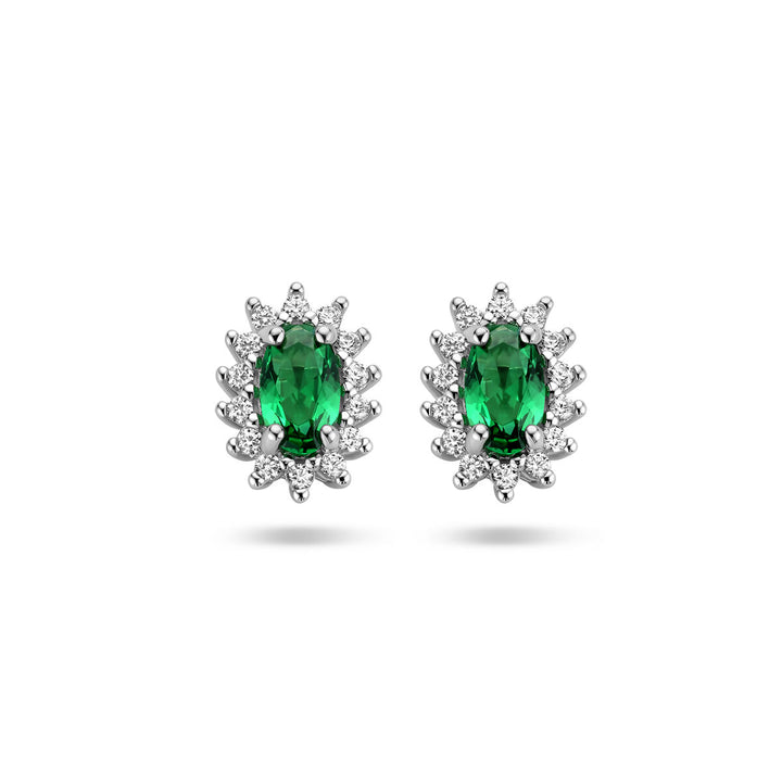ear studs synth. emerald and zirconia halo silver rhodium plated