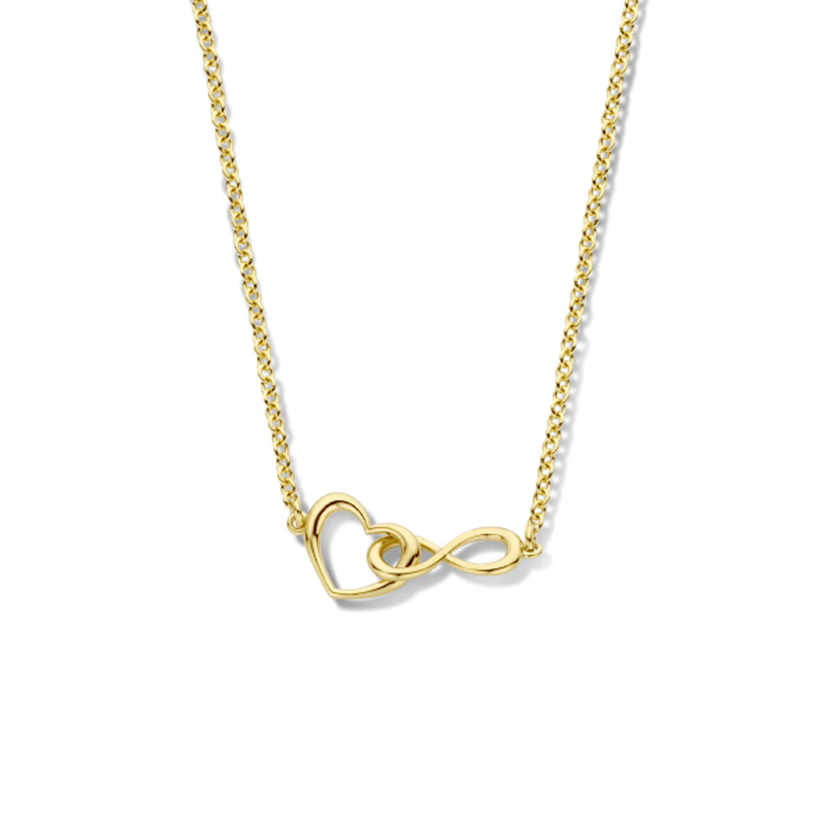 Goudkleurige ketting met hart- en infinity-symbool, micron verguld.