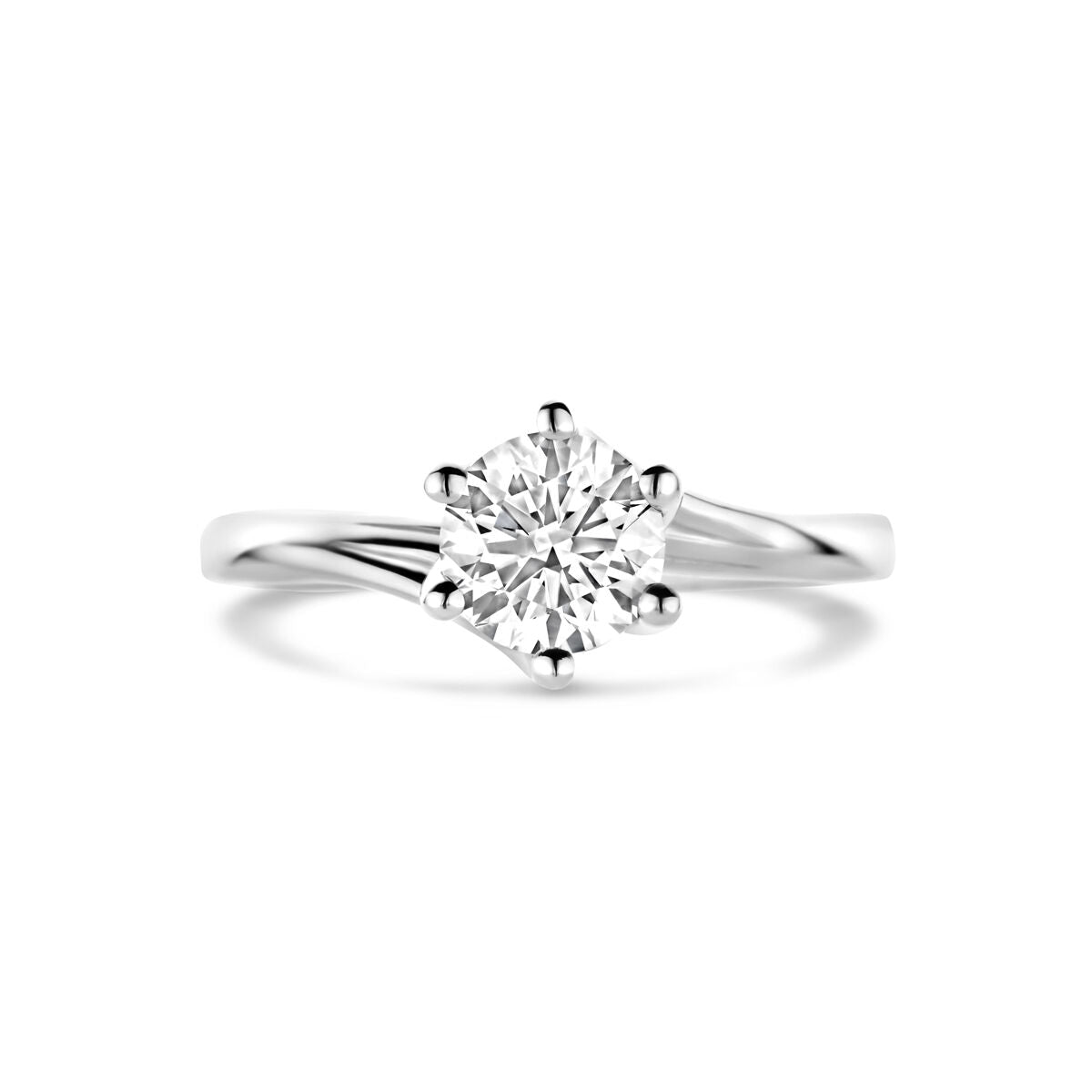 De Van der Kooij Collectie ring heeft een 1.00ct G VS lab grown diamant, briljant geslepen in een zes-poots 14K witgouden zetting, stijlvol gepresenteerd tegen een witte achtergrond.