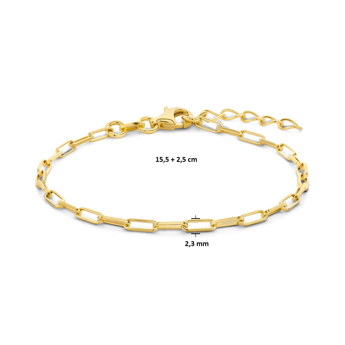 armband paperclip vierkante buis 2,3 mm 15,5 + 2,5 cm 3 micron zilver verguld (geel)