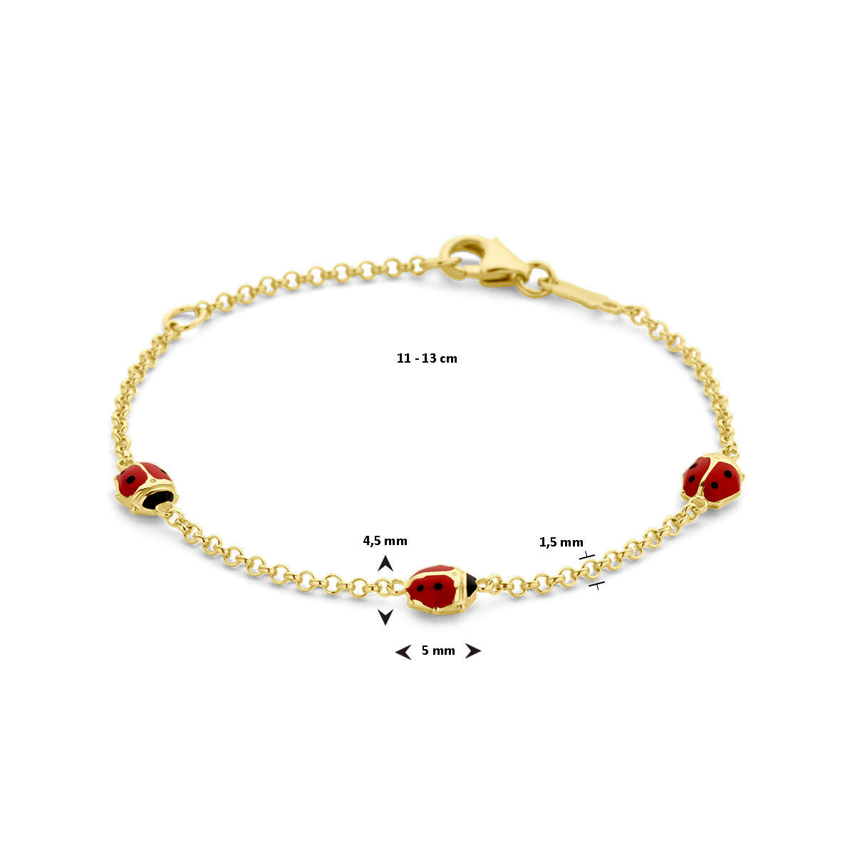 De Van der Kooij Collectie armband lieveheersbeestje 11-13 cm in 14K geelgoud heeft drie rood-zwarte lieveheersbeestjes bedels van 4,5 mm, gelijkmatig geplaatst met 5 mm tussenruimte op een unisex kinderarmband.