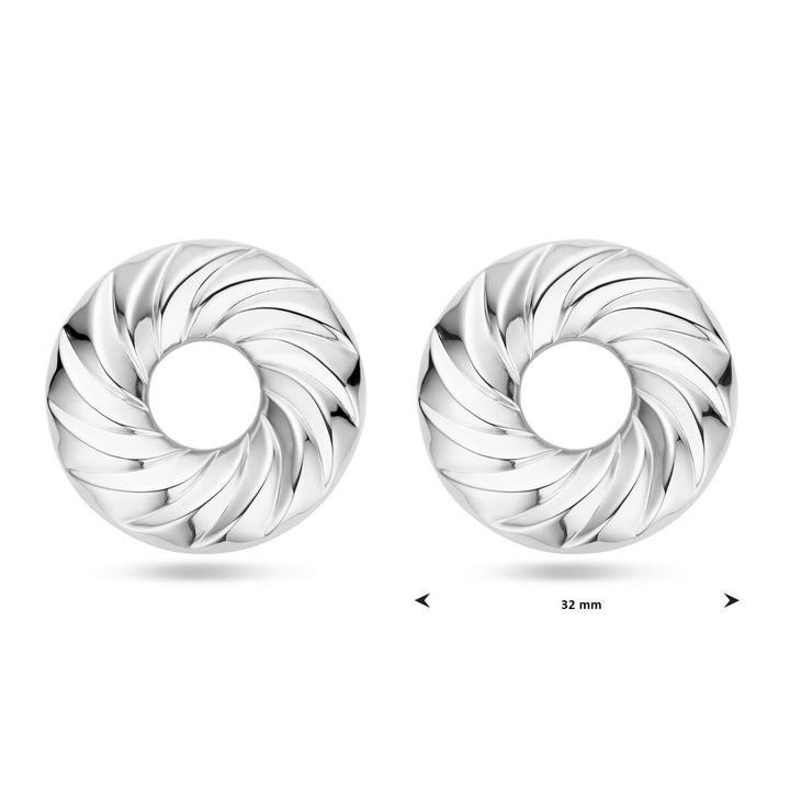 Van der Kooij Collectie oorknoppen rondje gedraaid, 32 mm zilver gerhodineerd: stijlvolle ronde damesoorbellen met een gedraaid ontwerp en centrale uitsparing, perfect voor een moderne en elegante look.