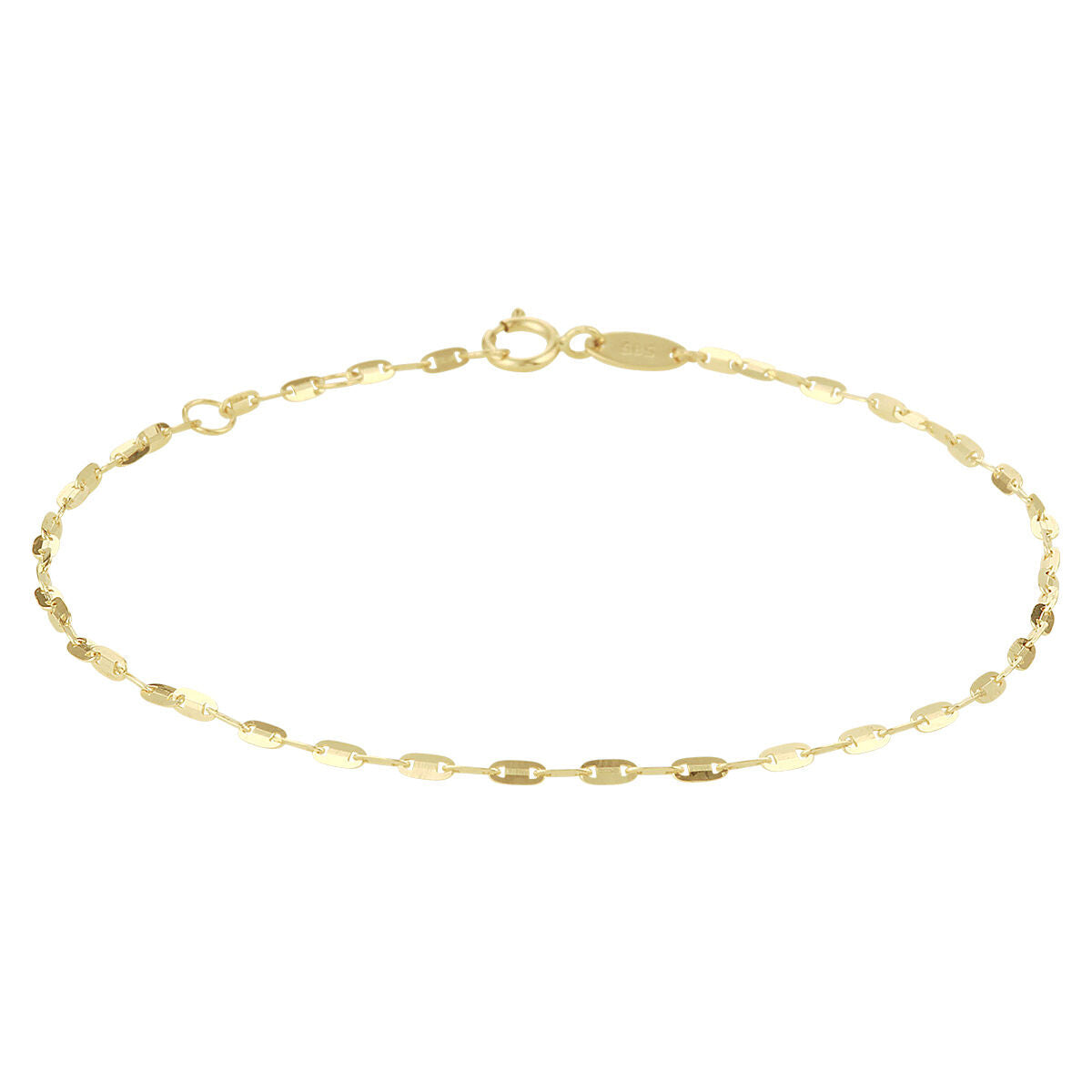 Het Van der Kooij Collectie enkelbandje plaatjes 1,5 mm 24-26 cm is een delicaat 14K geelgouden enkelbandje met kleine ovale schakels en een veerringsluiting, afgebeeld op een witte achtergrond.