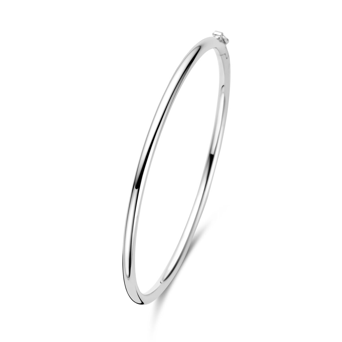 De Van der Kooij Collectie bangle scharnier ronde buis 3 x 60 mm in gerhodineerd zilver heeft een glad, rond ontwerp met een kleine sluiting, elegant weergegeven op een witte achtergrond.