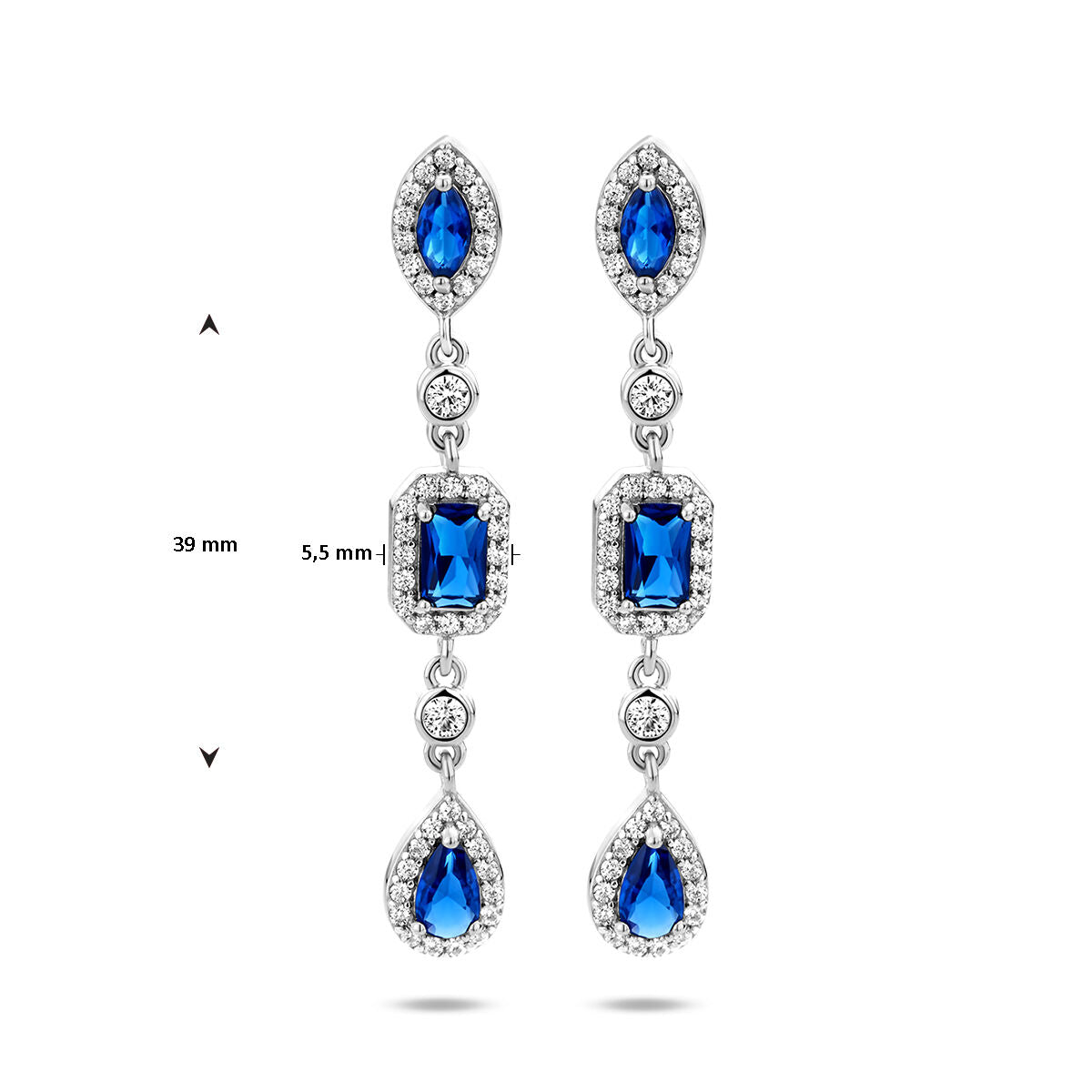 oorhangers wit en blauw saffier zirkonia zilver gerhodineerd