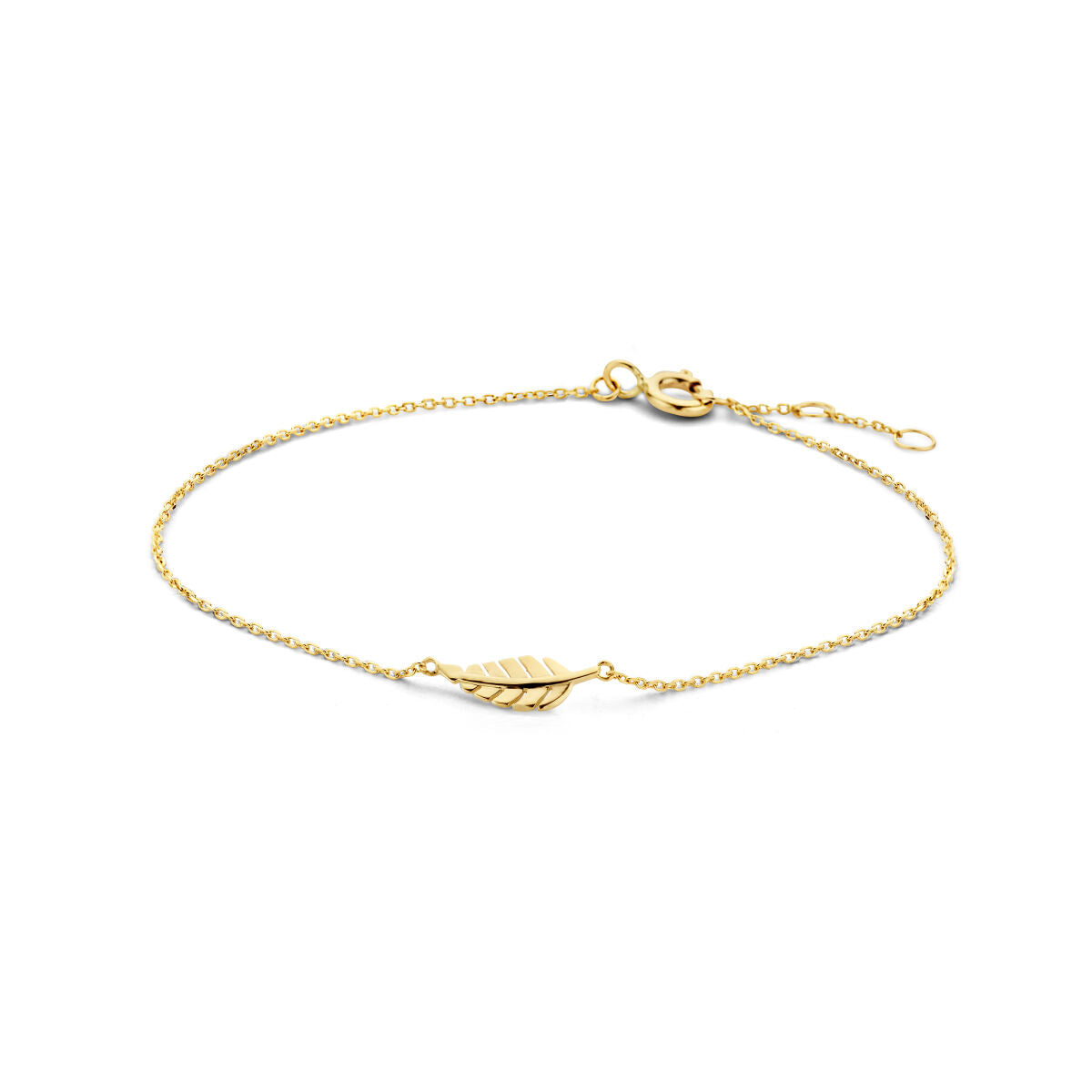 Gouden armband van 14K met een veervormig detail in het midden.