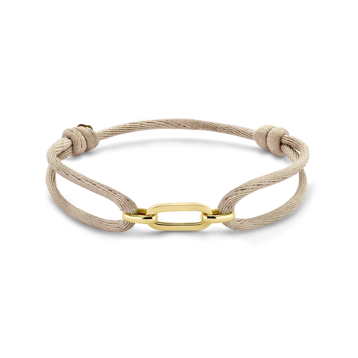 Gouden damesarmband met satijnen en leren details, voorzien van een eenvoudige, elegante sluiting.
