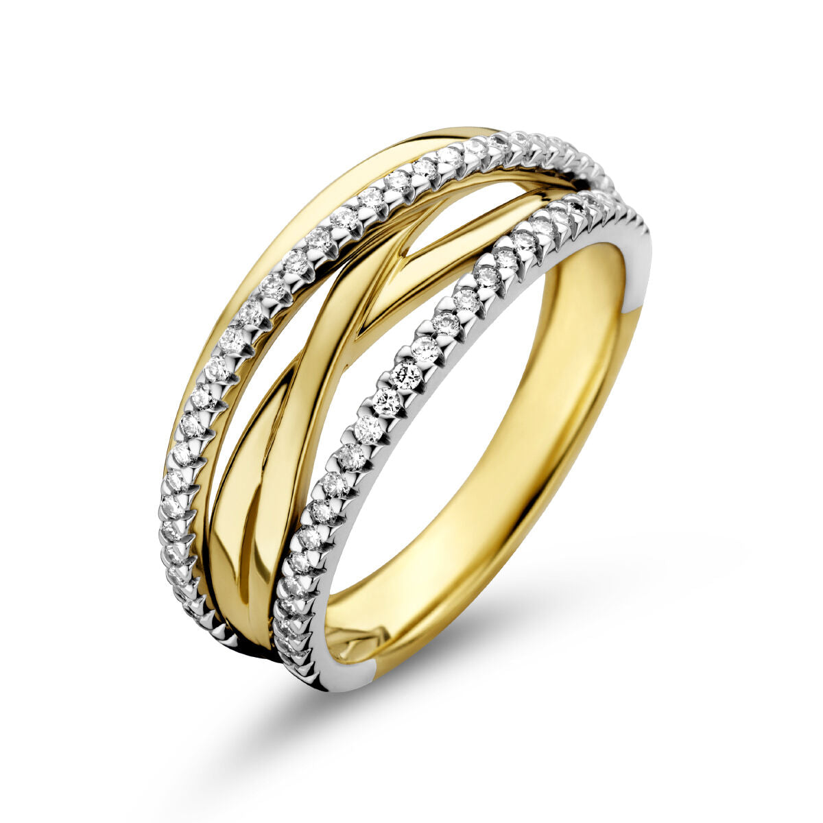 De Van der Kooij Collectie ring diamant 0.25ct h si 14K bicolor goud geel/wit heeft in elkaar gevlochten geel- en witgouden banden bezet met twee rijen briljant geslepen diamanten, die een elegant en modern ontwerp bieden.