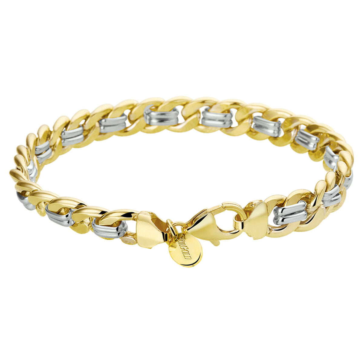 Zilgold armband met geslepen gourmette schakels van bicolor goud en zilverkern, 8 mm breed.