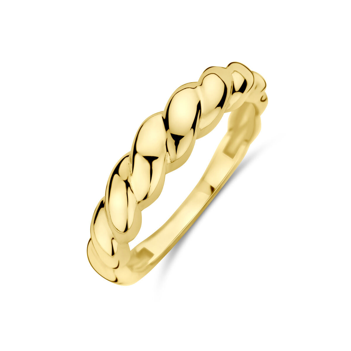 Gedraaide ring van 14K geelgoud met een glanzende afwerking en een vlechtmotief.
