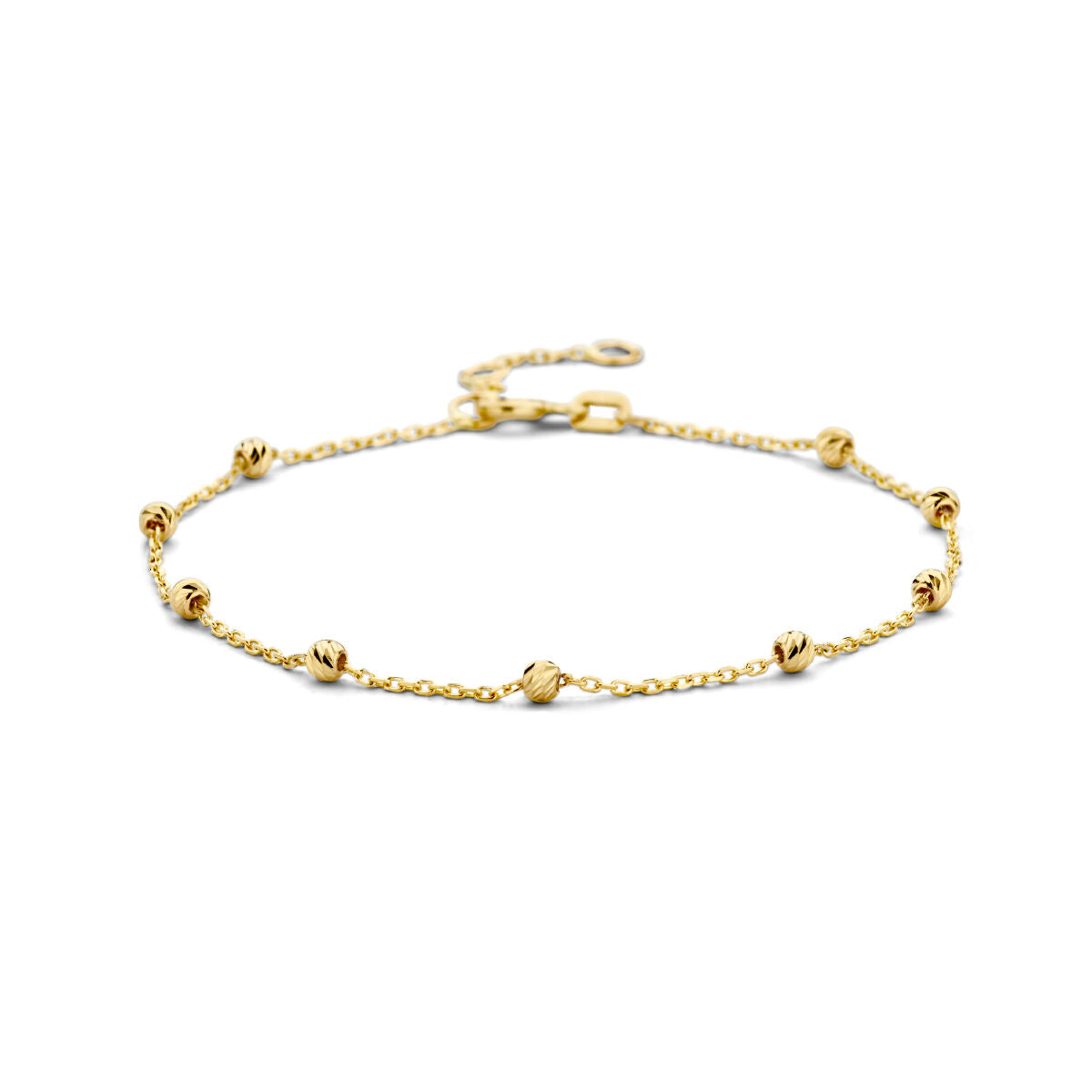 Gouden armband met bolletjes en gediamanteerde afwerking, gemaakt van 14K goud.