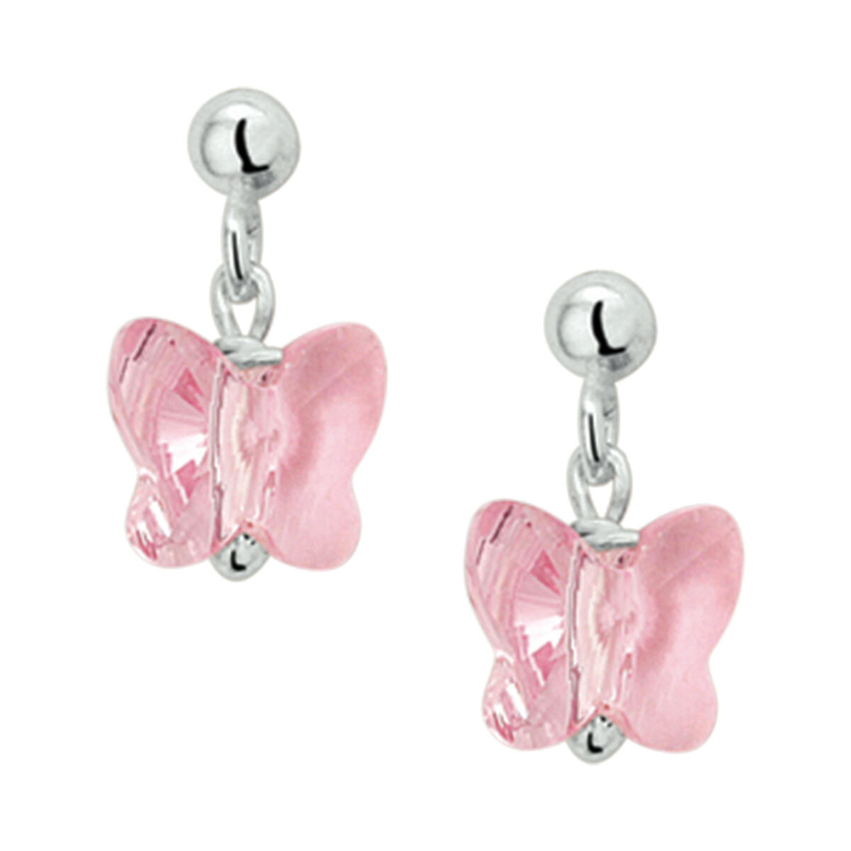 Zilveren gerhodineerde oorhangers met roze strass vlinders.
