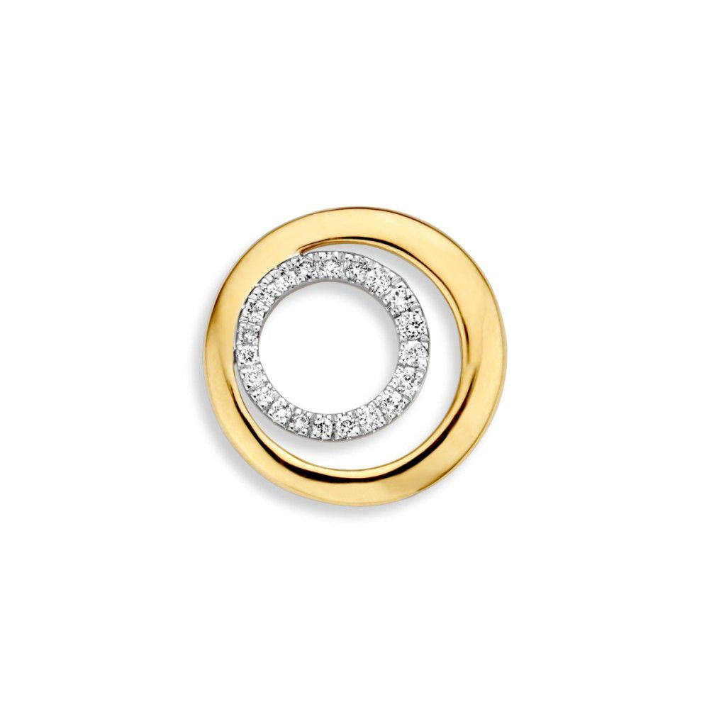 Bicolor hanger van wit- en geelgoud met een cirkelvormige schijf en 0.11 caraat briljant diamant.