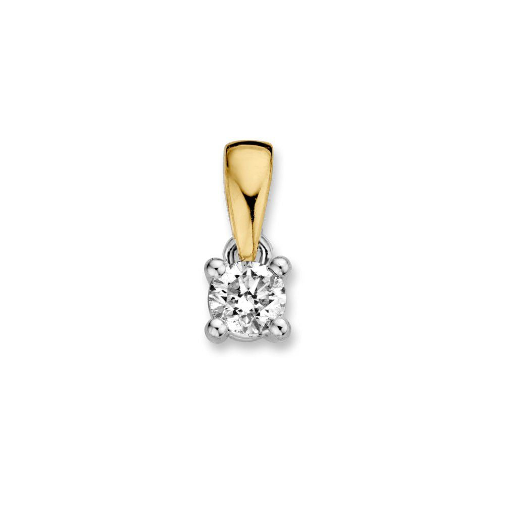 De Excellent Jewelry Bicolor 14 Karaat Gouden Solitair Hanger heeft een 0,20ct briljant geslepen diamant in vierpoots zetting, afgebeeld tegen een effen witte achtergrond.