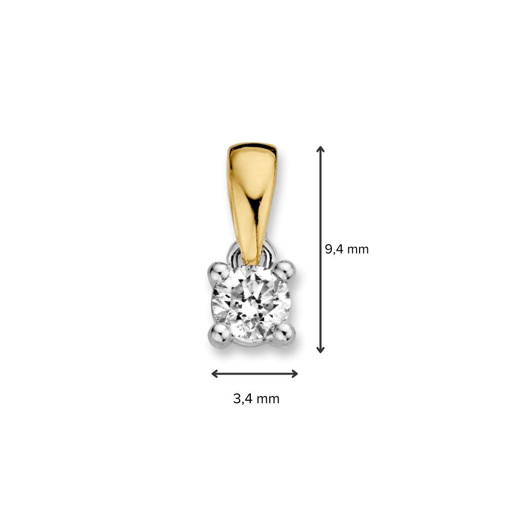De Bicolor 14 Karaat Gouden Solitair Hanger met 0,20ct briljant diamant van Excellent Jewelry heeft een vierpoot zetting en voldoet aan 9,4 mm hoog en 3,4 mm breed.