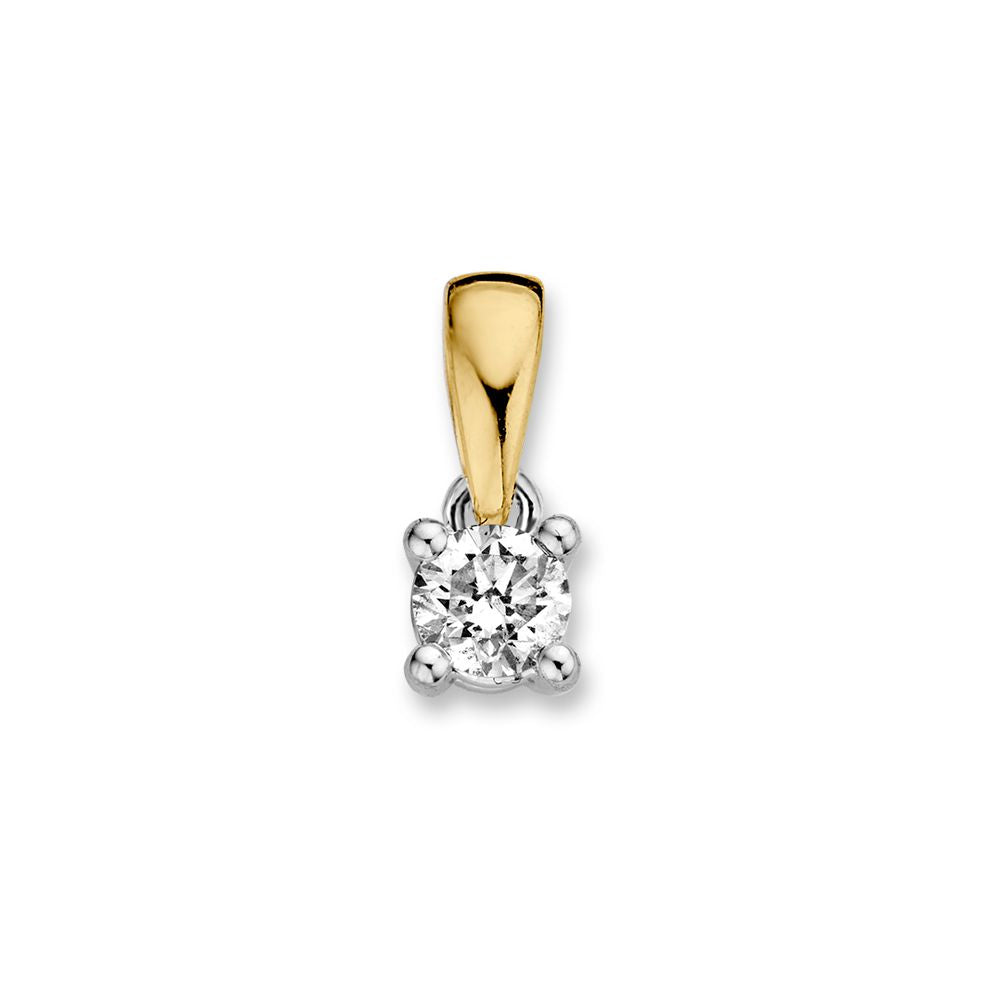 De Excellent Jewelry Bicolor gouden solitair hanger met 0,24 crt briljant (14 karaat, vierpootszetting) heeft een enkele ronde diamant in een vierpootszetting, afgebeeld tegen een effen witte achtergrond.