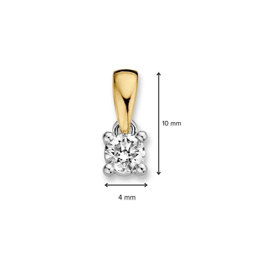 De Excellent Jewelry Bicolor gouden solitair hanger heeft een 0,24 krt briljant in een 14 karaat vierpootszetting van 10 mm hoog en 4 mm breed, weergegeven op een witte achtergrond met gelabelde afmetingen.