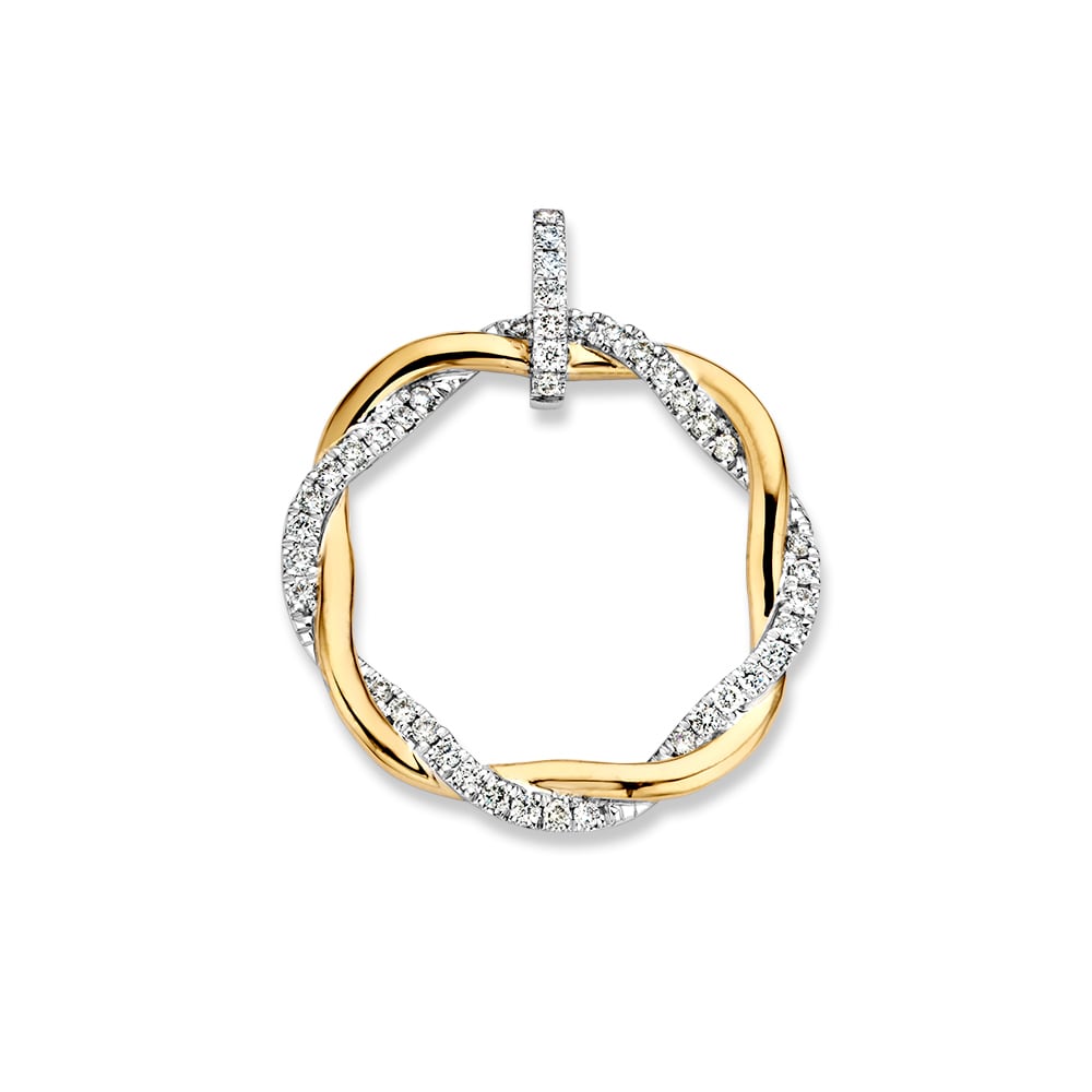 Bicolor gouden hanger met een getwiste baan en een rij diamanten.