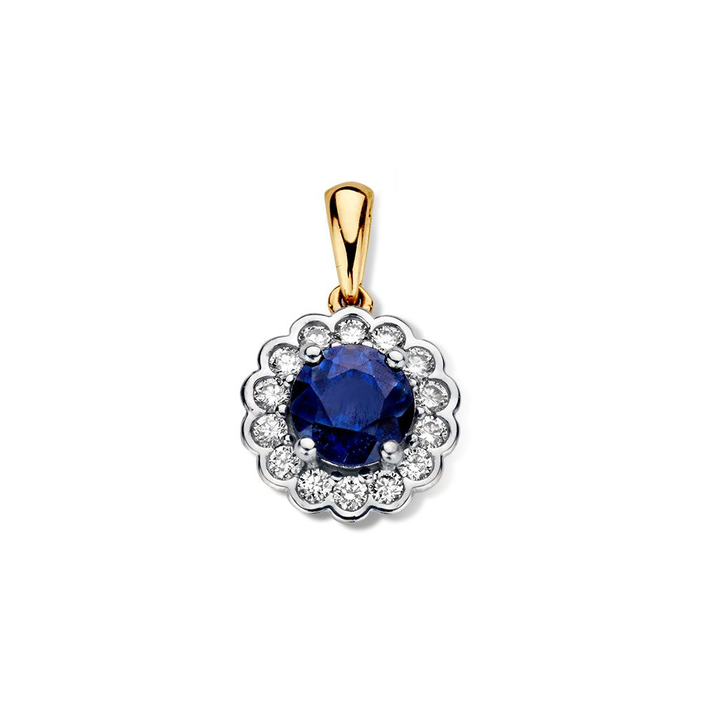 Bicolor geel- en witgouden hanger met een ronde blauwe saffier omringd door diamanten.