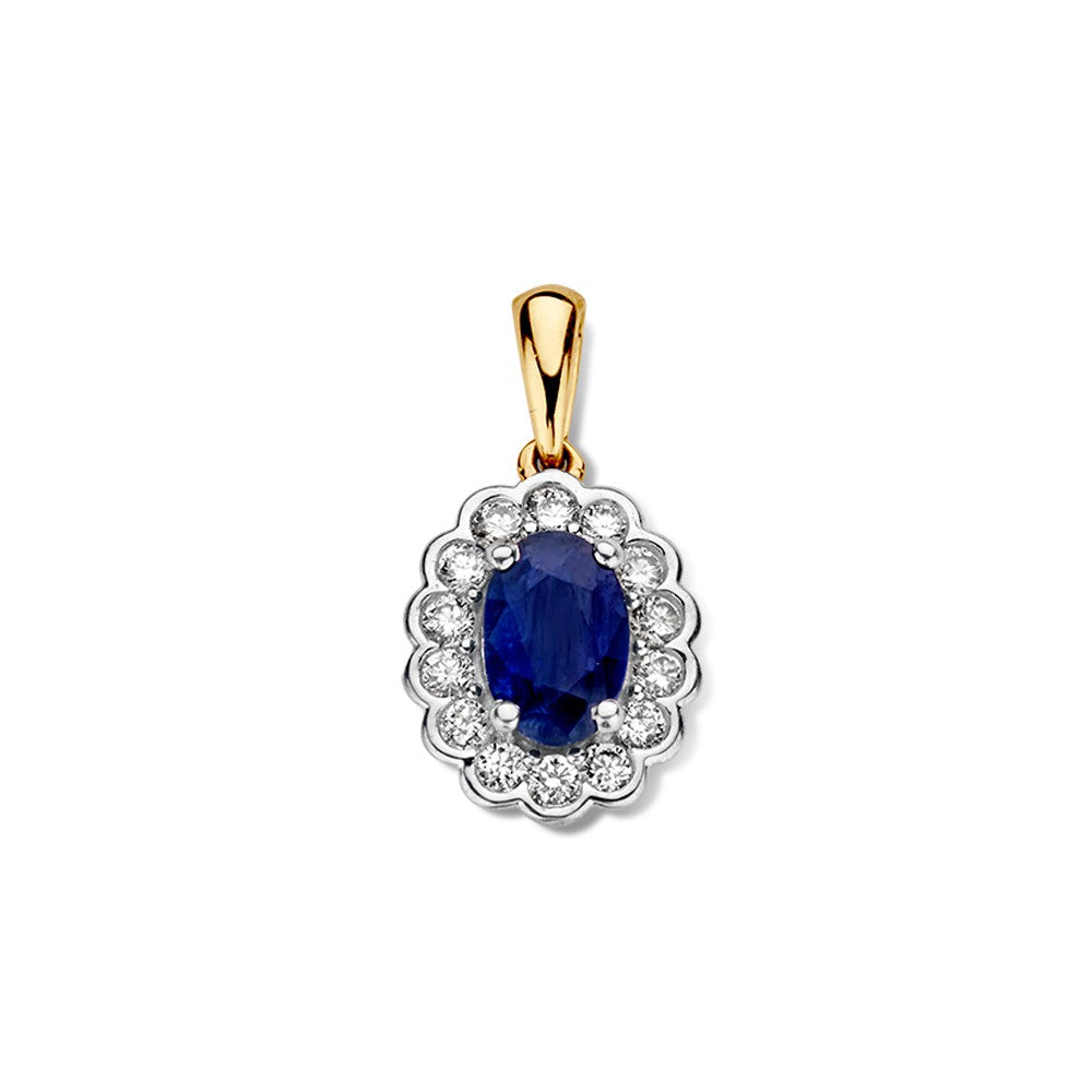 Geelgouden hanger met een ovale blauwe saffier omringd door diamanten in een golvende zetting.