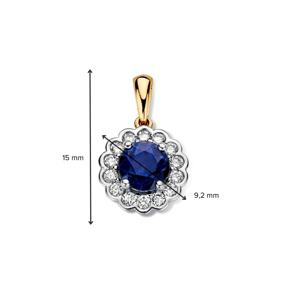 Bicolor geel- en witgouden hanger met blauwe saffier en diamanten - 14 karaat