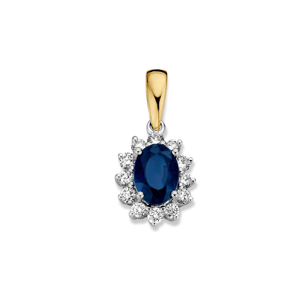 Bicolor hanger van wit- en geelgoud met een ovale blauwe saffier omringd door diamanten.