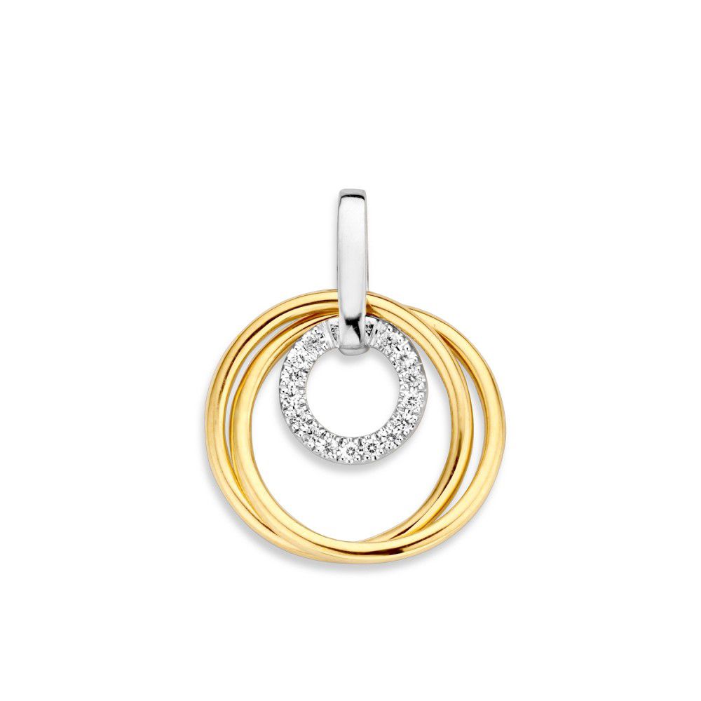 Bicolor gouden hanger van 14 karaat met een glanzende gele en witte goudkleur, versierd met zirkonia.