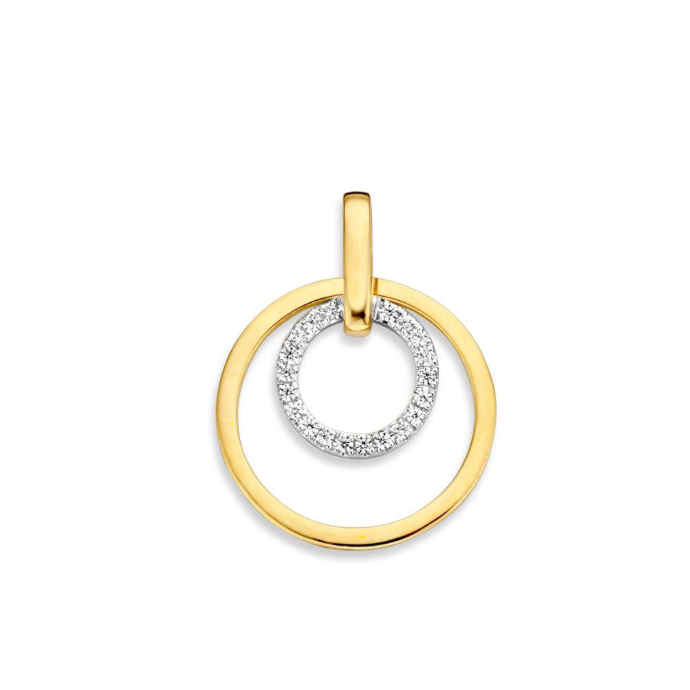 Gouden hanger met twee in elkaar vallende cirkels, 14 karaat geel- en witgoud, 16 mm diameter.