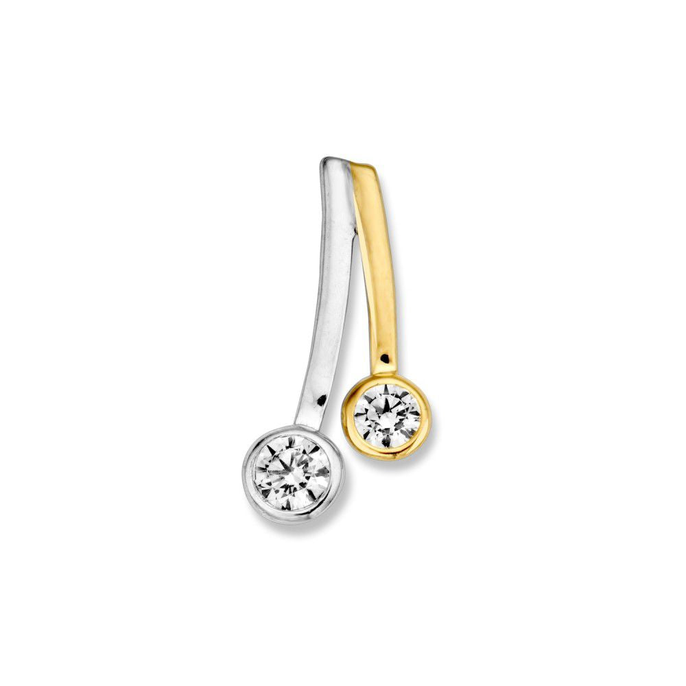 Bicolor hanger van wit- en geelgoud met twee zirkonia's in ronde zetting.