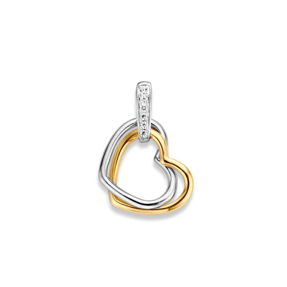 Bicolor gouden hartvormige hanger van 14 karaat geel- en witgoud met zirkonia.