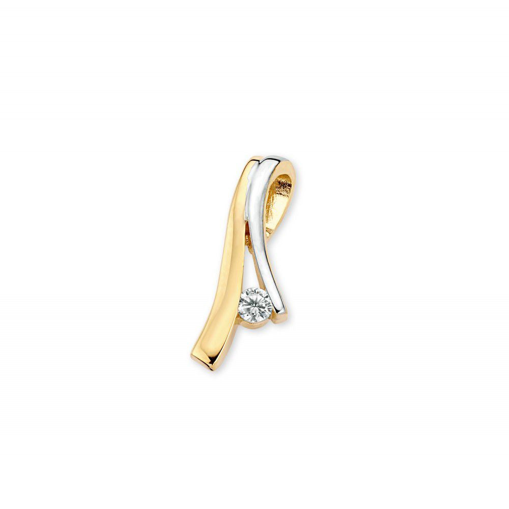 Bicolor geel-witgouden hanger met een glanzende zirkonia, in een vloeiende, moderne vorm.