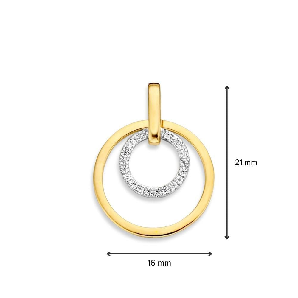 Speelse gouden hanger met twee in elkaar vallende cirkels – 14 karaat geel/witgoud – 16 mm diameter