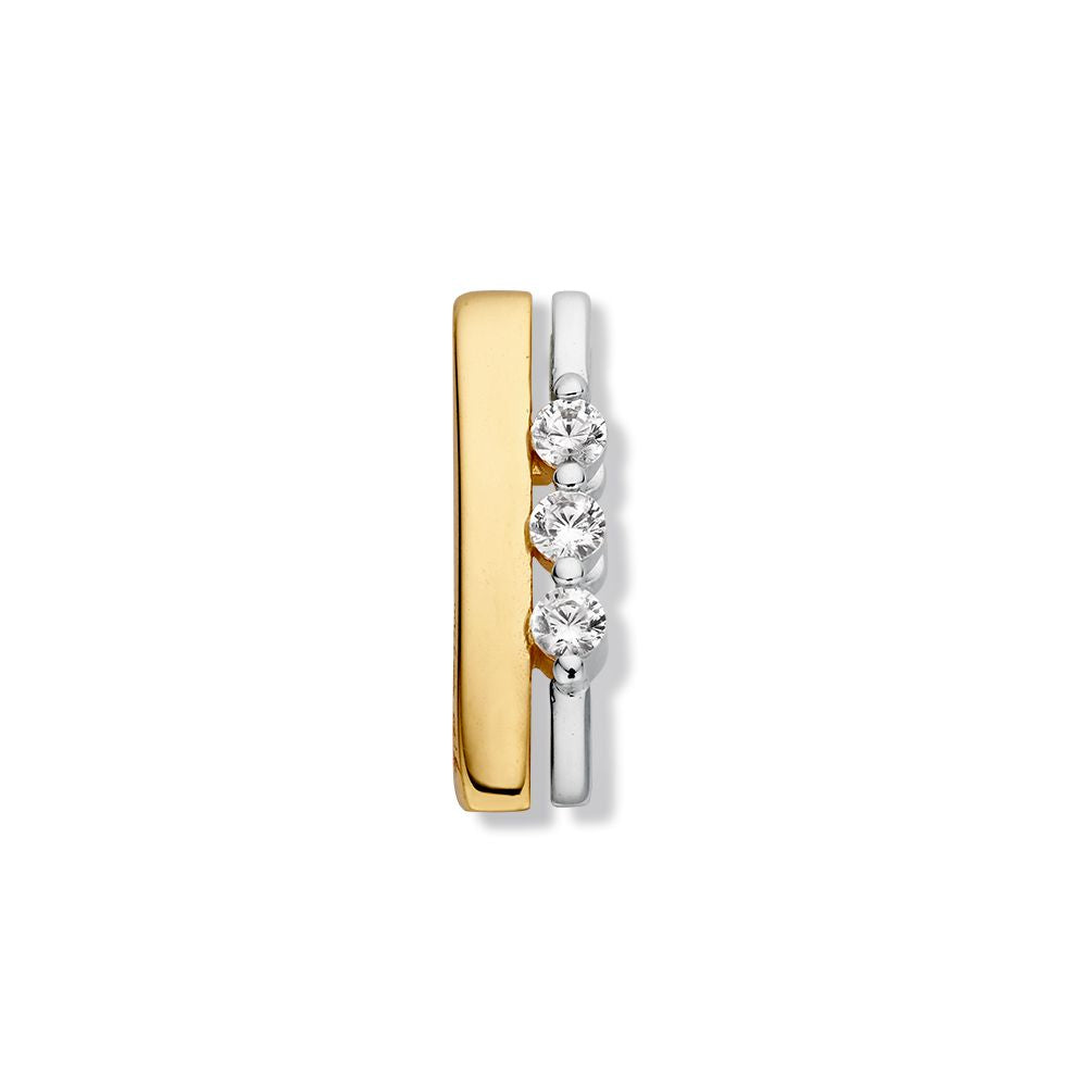 Bicolor gouden hanger met drie heldere zirkonia's, afgewerkt in geel- en witgoud.