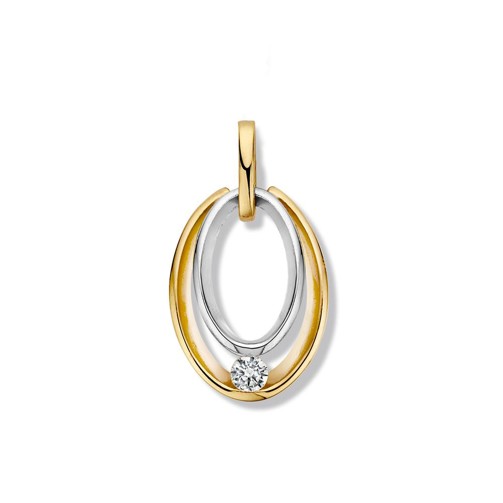 Bicolor hanger van wit- en geelgoud met een ronde zirkonia in het midden.
