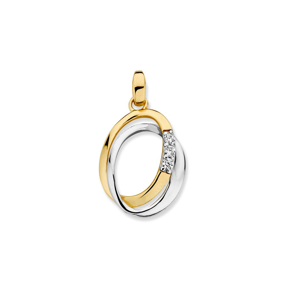 Bicolor 14K gouden hanger met een glanzende zilveren ring en drie zirkonia's aan de zijkant.