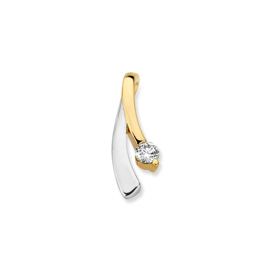 Bicolor gouden hanger van 14K met een glanzende zirkonia, in een vloeiende vorm met wit- en geelgouden afwerking.